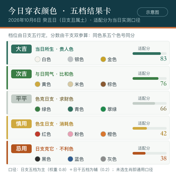 今日穿衣颜色查询的五档结果卡与适配分示意